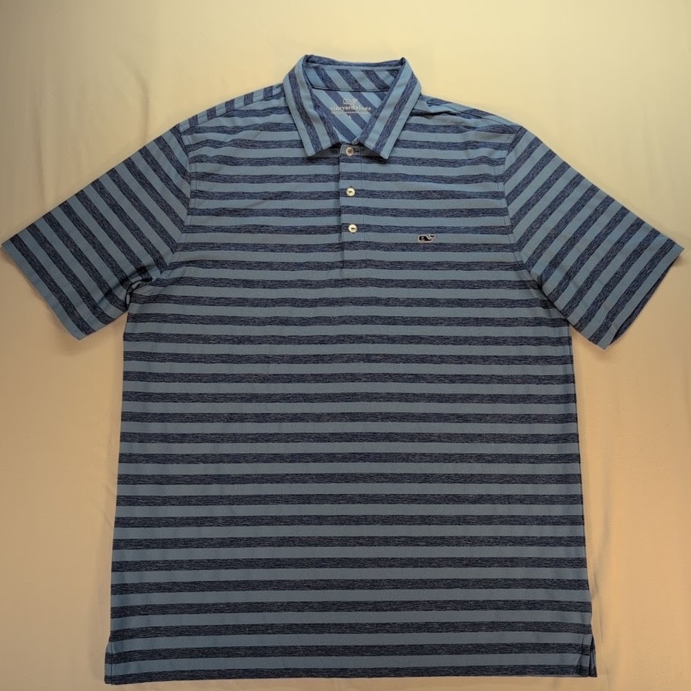 Vineyard Vines Mens Blue Striped Performance Short Sleeve Polo Shirt Size Large
